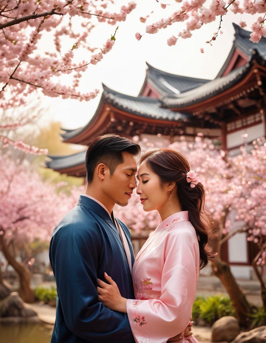 A serene and romantic scene depicting an Asian couple sharing a tender moment in a blossoming cherry blossom garden, surrounded by soft pink petals floating in the air. The background features traditional East Asian architecture subtly blended with nature, evoking warmth and intimacy. Soft sunlight filters through the trees, highlighting their expressions of love and connection. Illustrate a sense of deep affection and cultural richness. super-realistic. vibrant colors.