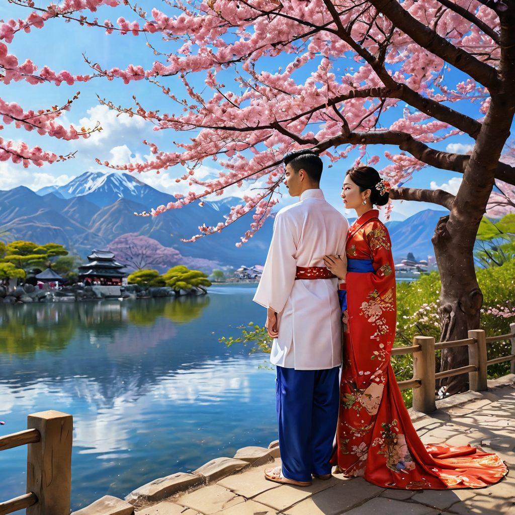 A romantic scene capturing a couple in traditional Asian attire, standing together under a cherry blossom tree, with vibrant petals falling around them. The backdrop features a serene river and distant mountains, embodying harmony and affection. The couple's expressions convey deep passion and connection, symbolizing compatibility. The colors should be warm and inviting, enhancing the romantic atmosphere. super-realistic. vibrant colors.